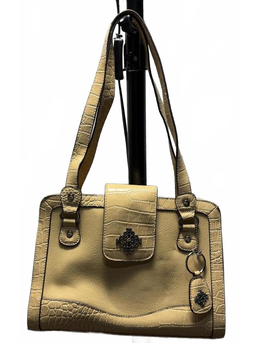 PURSE Beige Faux Leather Shoulder Bag with Crocodile Texture Accents